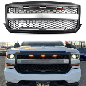 Chevrolet Silverado 1500 2016 2017 2018 Mattschwarzer Wabengitter-Frontstoßstangen-Ersatzgrill mit LED-Licht und Buchstabe