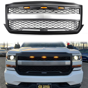 Chevrolet Silverado 1500 2016 2017 2018 Grille en nid d'abeille noir mat Grille de remplacement de pare-chocs avant avec lumière LED avec lettre