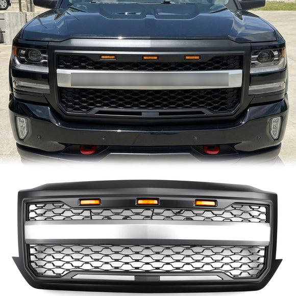 Chevrolet Silverado 1500 2016 2017 2018 Mattschwarzer Wabengitter-Frontstoßstangen-Ersatzgrill mit LED-Licht