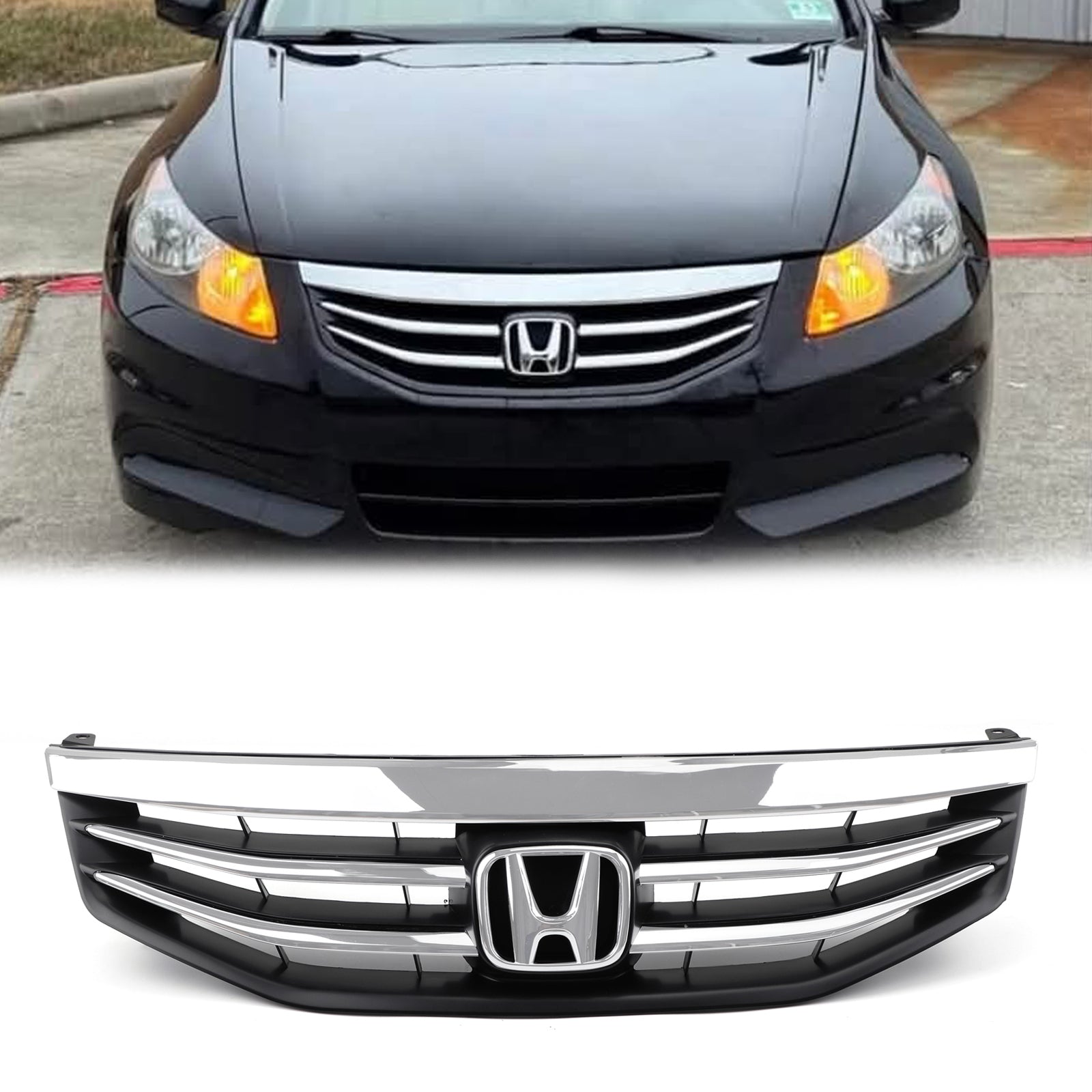 Honda 2011-2012 Accord 4 Door Front Upper Bumper Grill Chrome Hood Front Replacement Grille With Emblem