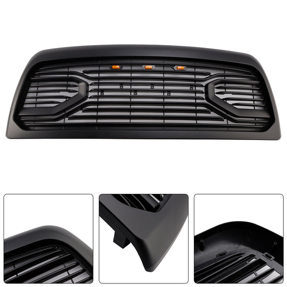 2010-2018 Dodgae Ram 2500/3500 Big-Horn Style Grill Front Bumper Matte Black Replacement Grille W/ LED Light + RAM Letter