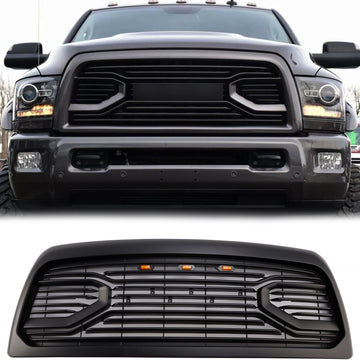2010-2018 Dodgae Ram 2500/3500 Big-Horn Style Grill Front Bumper Matte Black Replacement Grille W/ LED Light + RAM Letter