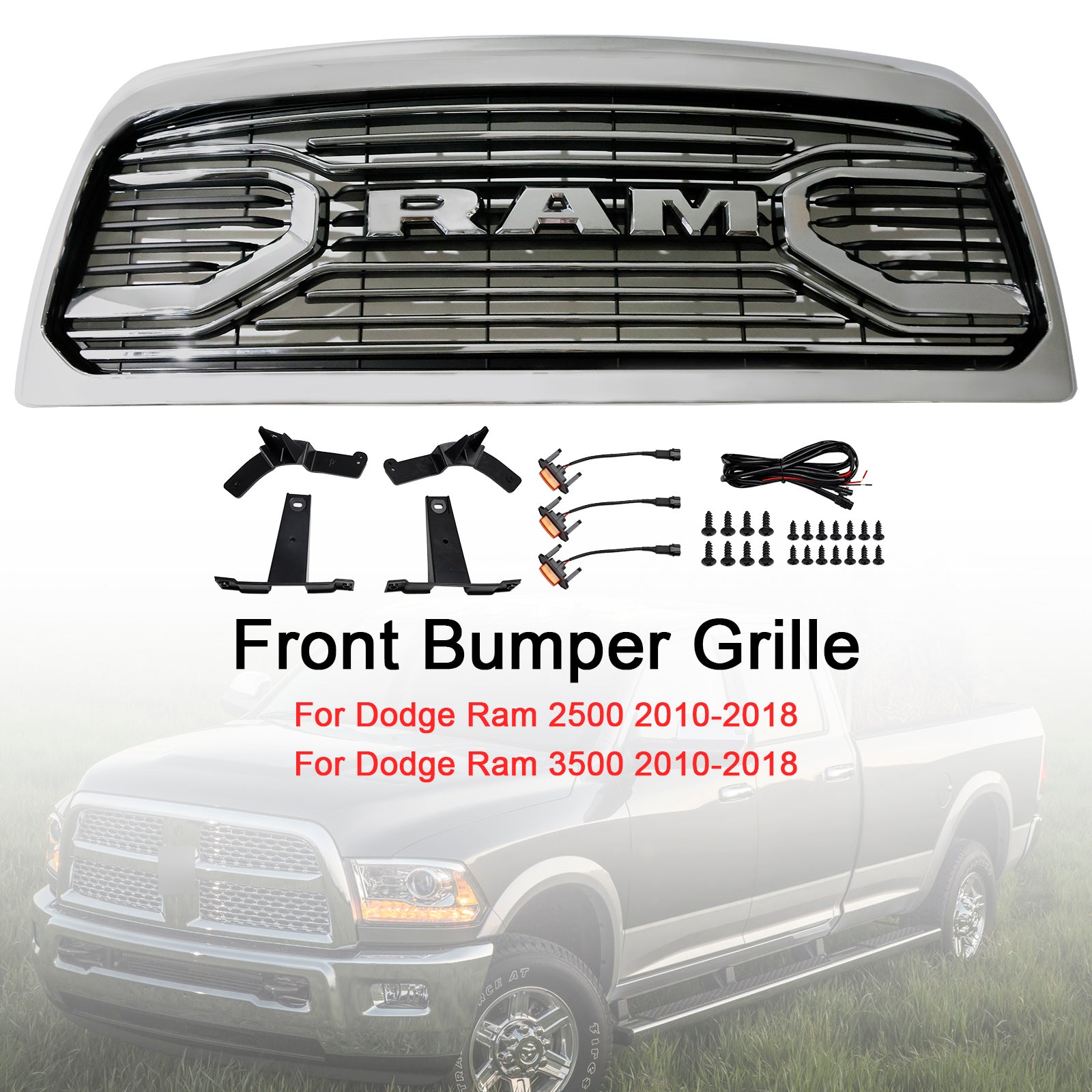Dodgae 2013-2018 Ram 2500 Ram 3500 Big-Horn Style Chrome Grille Front Bumper Replacement Grill W/ LED
