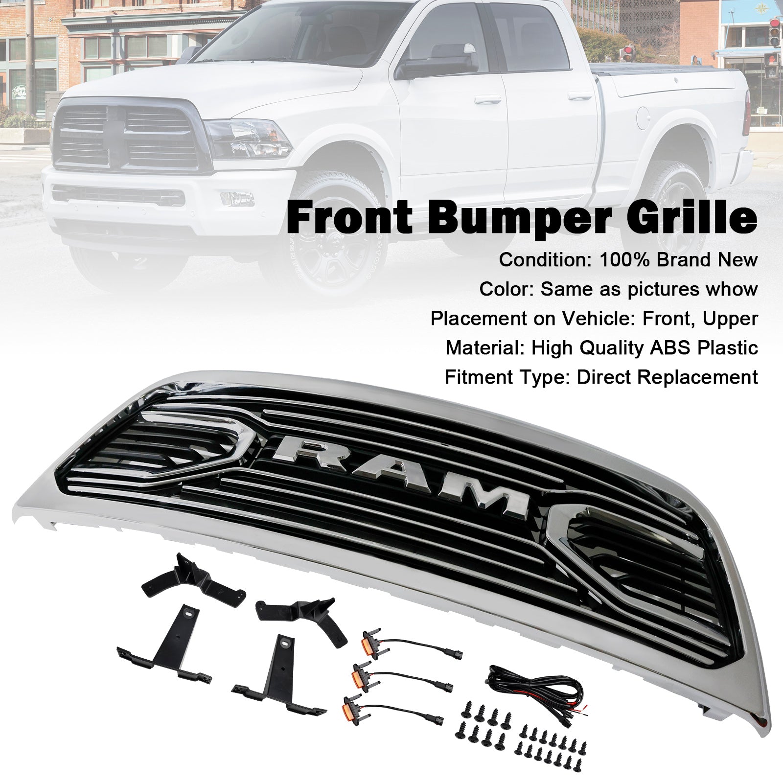 Dodgae 2013-2018 Ram 2500 Ram 3500 Big-Horn Style Chrome Grille Front Bumper Replacement Grill W/ LED