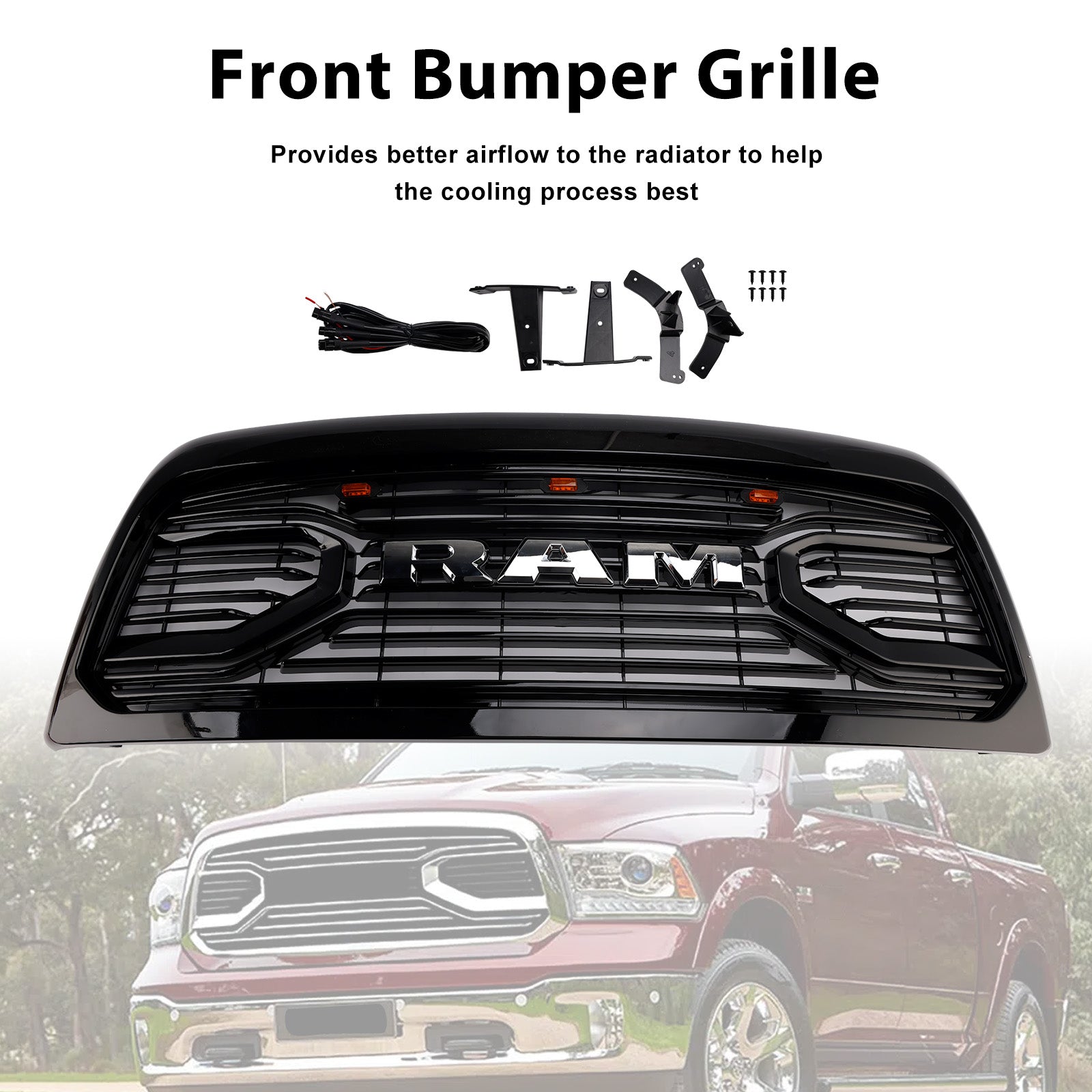 Dodgae 2013-2018 Ram 2500 Ram 3500 Big-Horn Style Chrome Grille Front Bumper Replacement Grill W/ LED