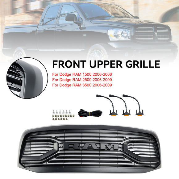 Dodge RAM 1500 2500 3500 2006-2008 Rebel Style Grill Front Bumper Black Replacement Grill W/ LED