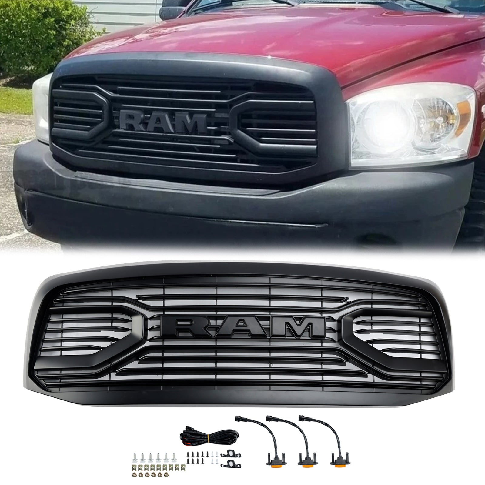 2006-2008 Dodge Ram 1500 2500 3500 Grill frontale Grill Big Horn Style Matt Black Sostituzione griglia - 0