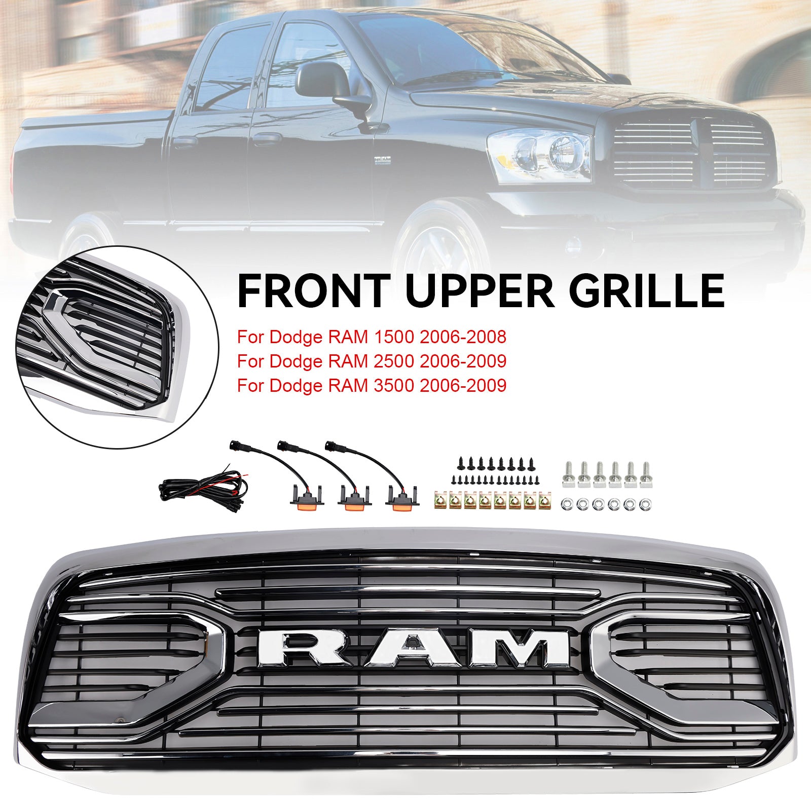 2006-2008 Dodge Ram 1500 2500 3500 Big Horn Style Chrome Grille Front Bumper Replacement Grill W/ LED