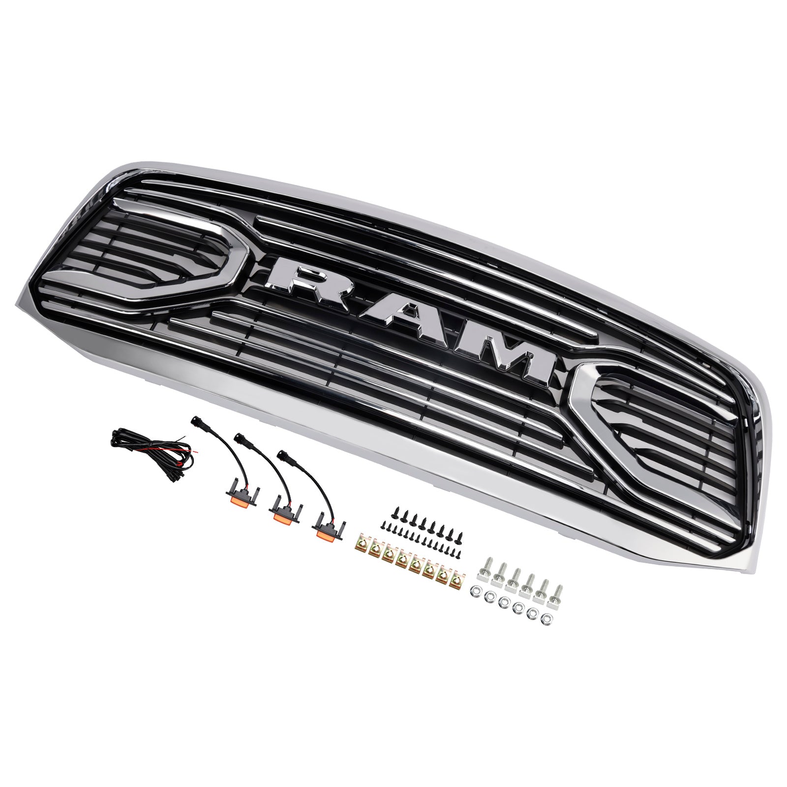 2006-2008 Dodge Ram 1500 2500 3500 Big Horn Style Chrome Grille Front Bumper Replacement Grill W/ LED
