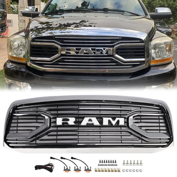 2006-2008 Dodge Ram 1500 2500 3500 Big Horn Style Chrome Grille Front Bumper Replacement Grill W/ LED