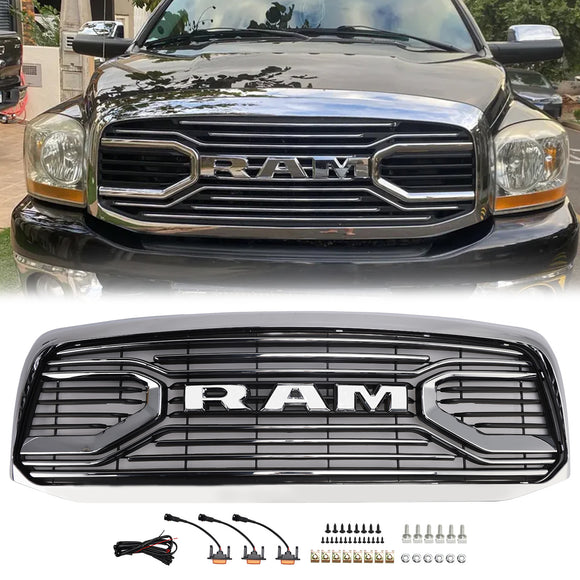 2006–2008 Dodge Ram 1500 2500 3500 Big Horn Style Chrome Grille Front Bumper Replacement Grill W/LED