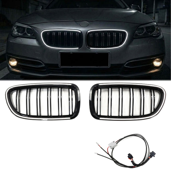 2010-2017 BMW 5 Series F10 F11 Front Bumper Double Slat LED Grille Kidney Black Grill W/ C-Ring LED