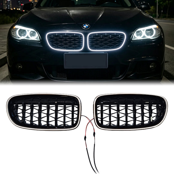 2009-2017 BMW 5 Series F10 F11 Black Diamond Kidney Bumper LED Grill Front Grille W/ Full Ring LED