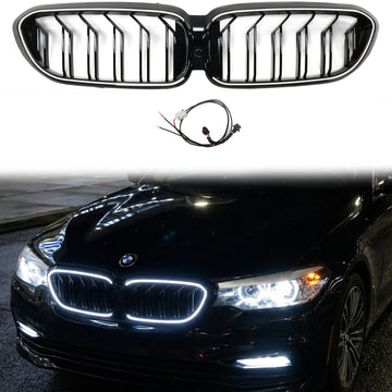 2017-2020 BMW 5 Series G30 G31 Double Slat Kidney Grille Front Bumper Replacement Grill With LED Strip - 0