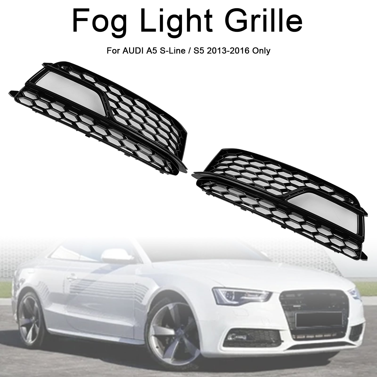 2013-2016 Audi A5 Sline / S5 2PCS Front Fog Lamp Black Grill Honeycomb Replacement Grille