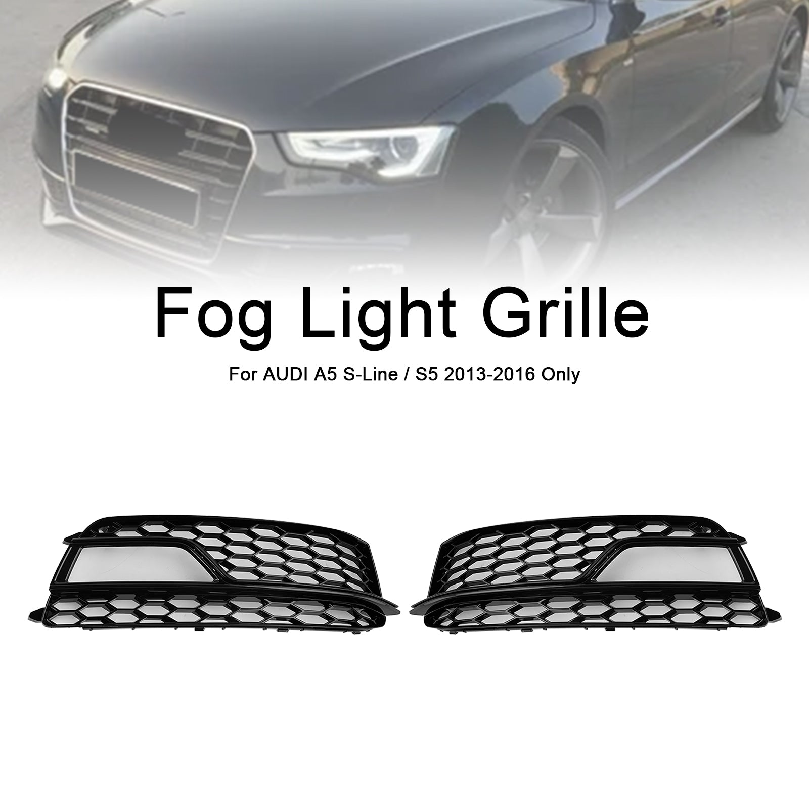 2013-2016 Audi A5 Sline / S5 2PCS Front Fog Lamp Black Grill Honeycomb Replacement Grille