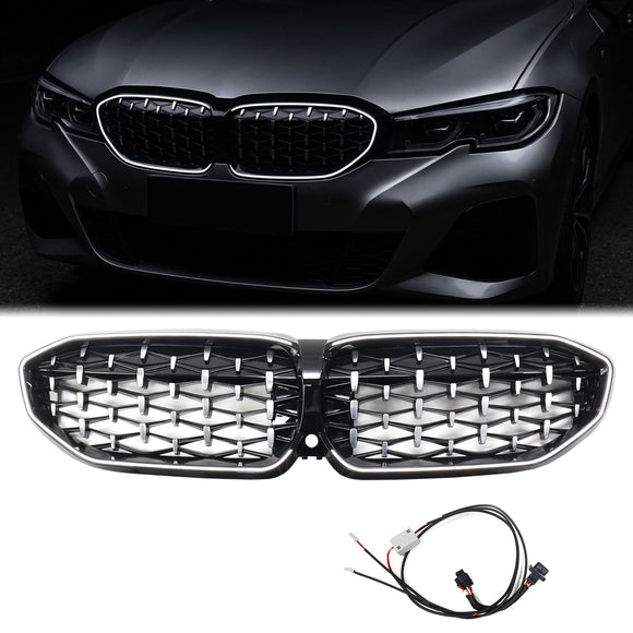 BMW 3 Series G20 G21 Pre-LCI 2019-2022 Chorme Diamond Kidney Grille With C-Ring LED Black Grill
