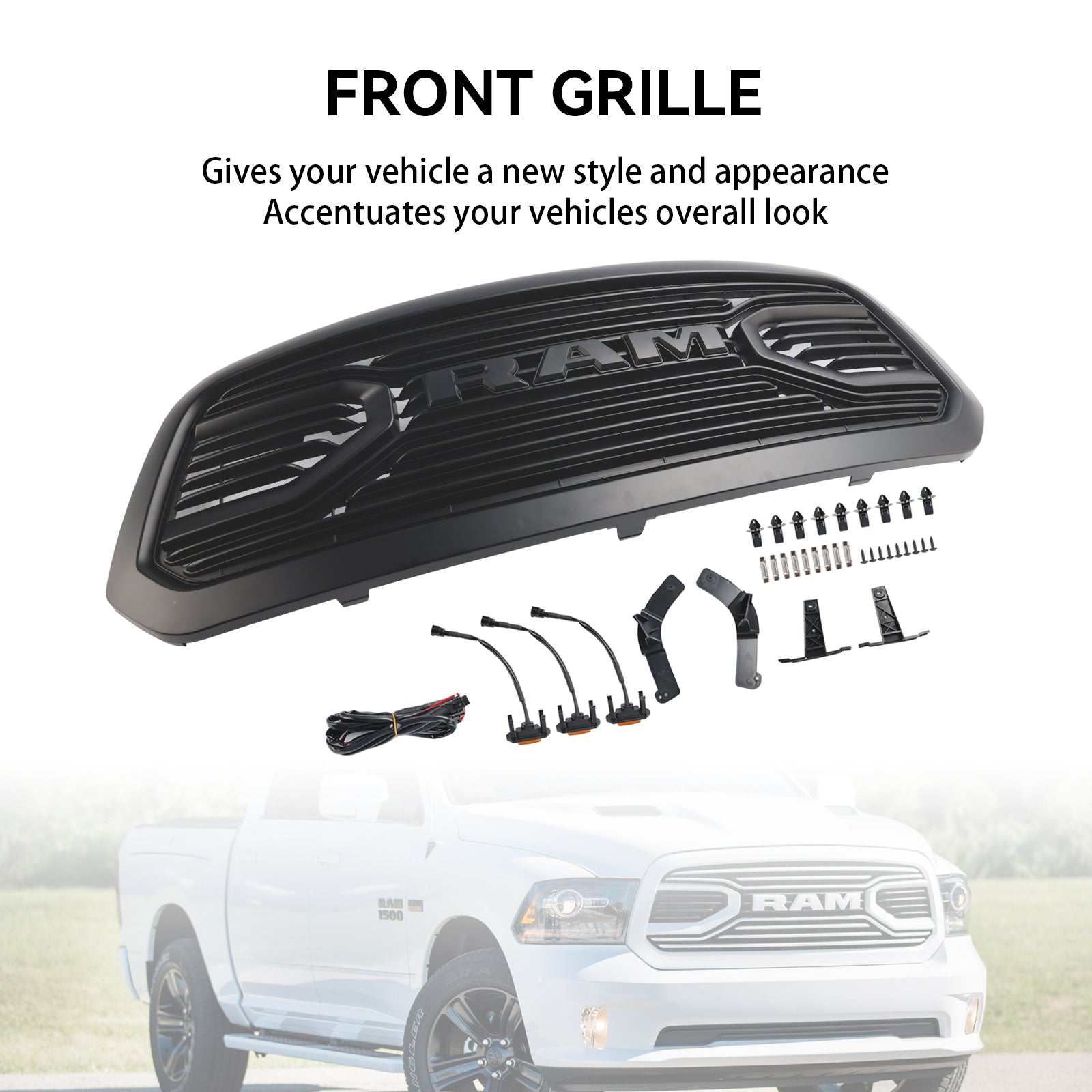 Parrilla delantera de repuesto negra con luz LED para Dodge Ram 1500 2013-2018 Big Horn/Rebel Style