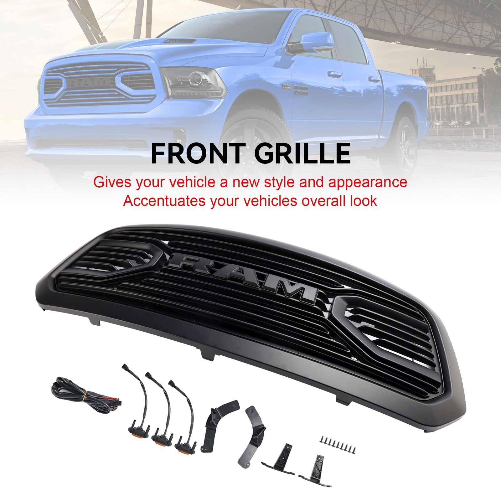Ram 1500 2013-2018 Chrome Grille Big Horn / Rebel Style Front Bumper Grill With LED Light