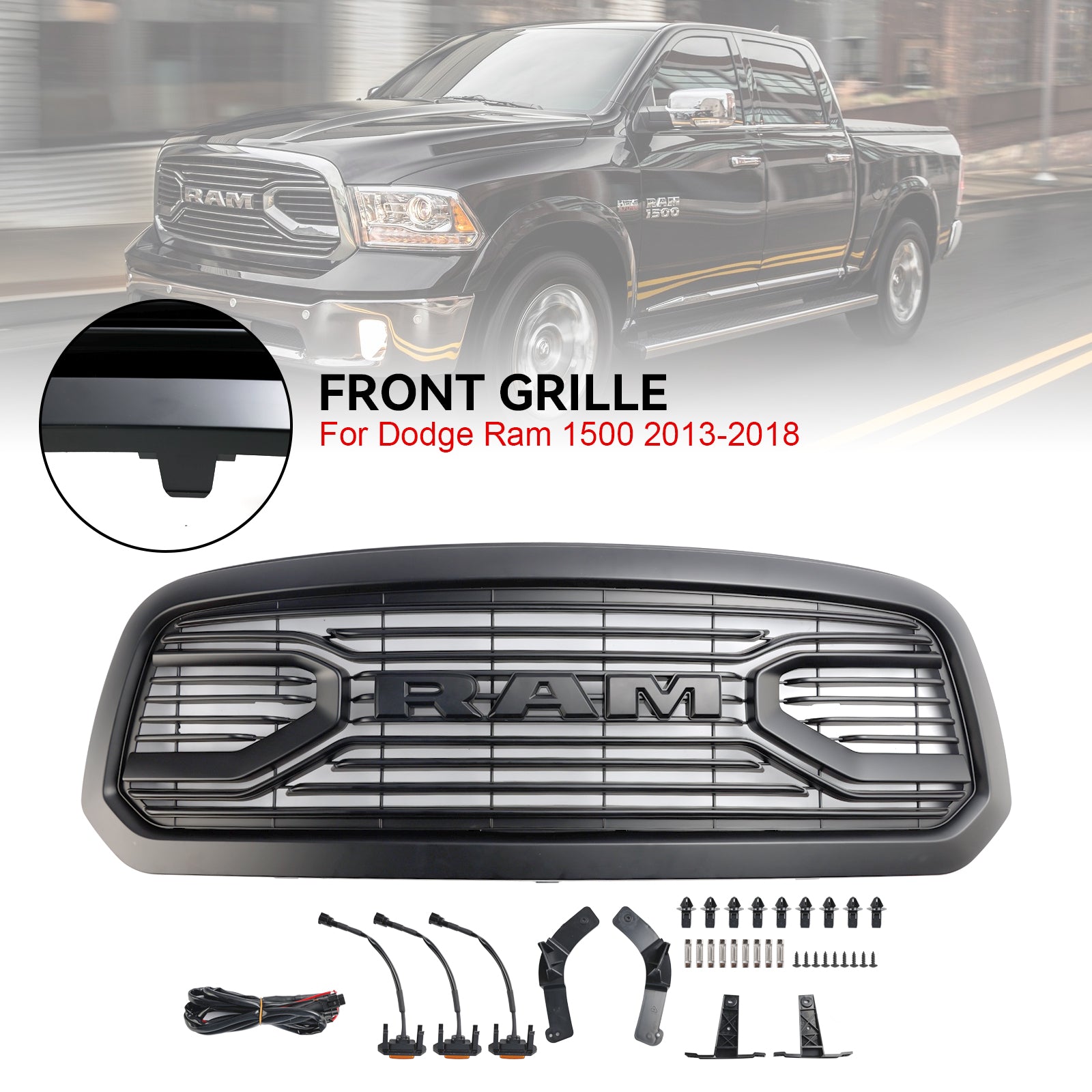 2013-2018 Dodge Ram 1500 Big Horn Style Grille Matte Black Front Bumper Grill W/ LED Light