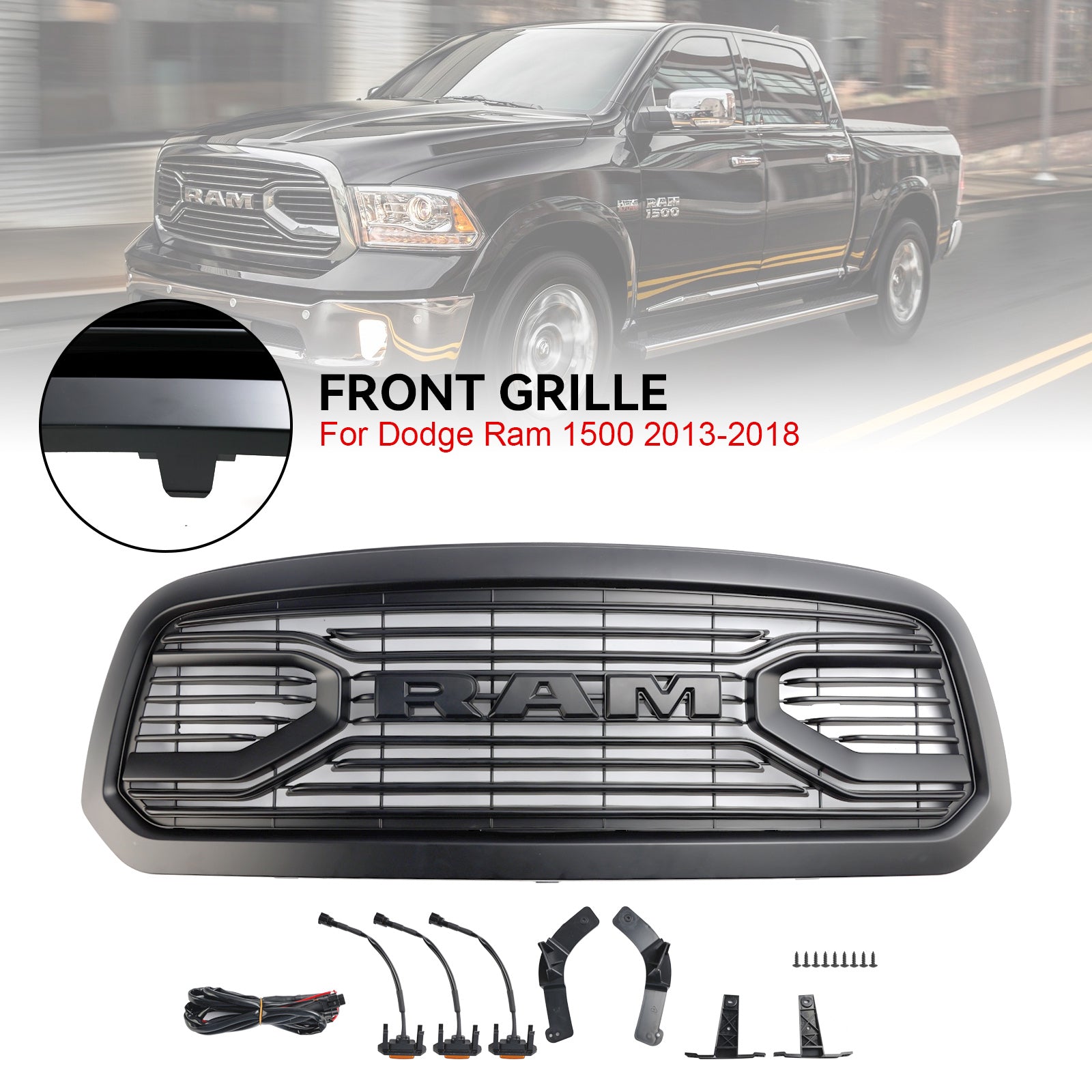 Ram 1500 2013-2018 Chrome Grille Big Horn / Rebel Style Front Bumper Grill With LED Light