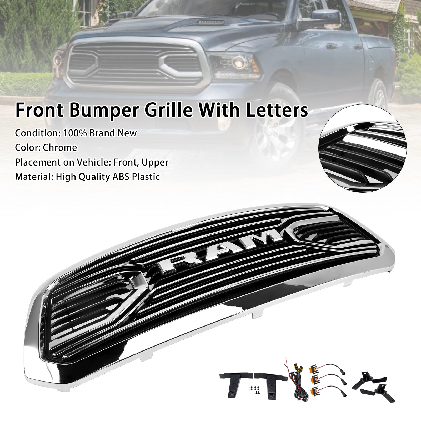 Ram 1500 2013-2018 Chrome Grille Big Horn / Rebel Style Front Bumper Grill With LED Light