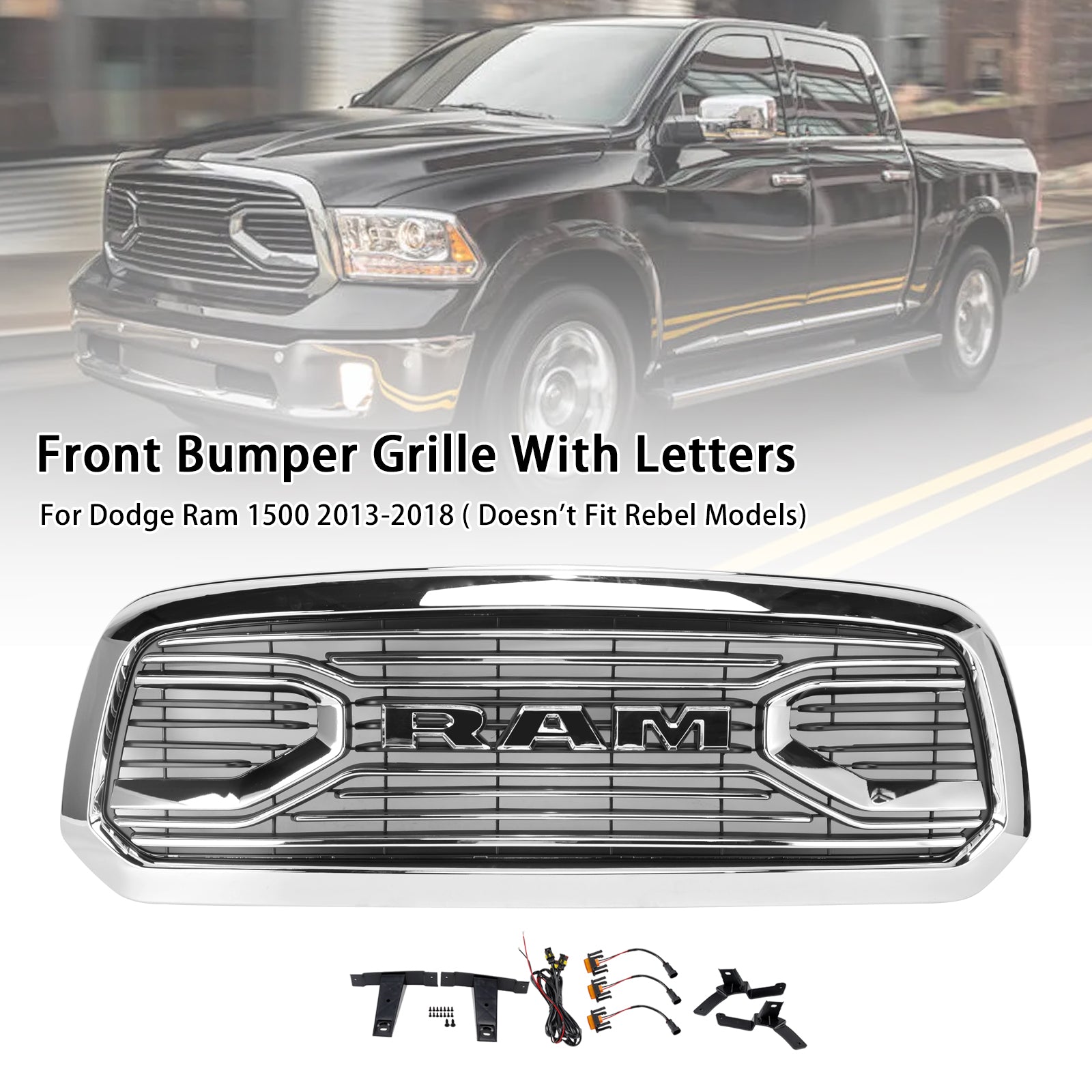 Ram 1500 2013-2018 Chrome Grille Big Horn / Rebel Style Front Bumper Grill With LED Light
