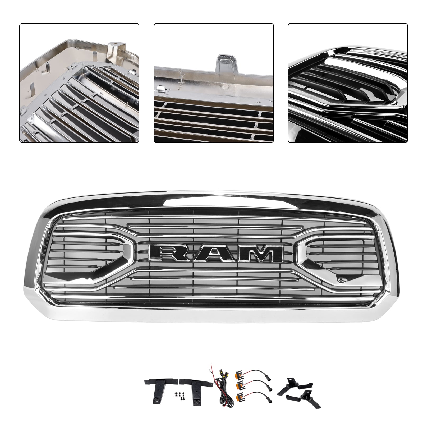 Ram 1500 2013-2018 Chrome Grille Big Horn / Rebel Style Front Bumper Grill With LED Light