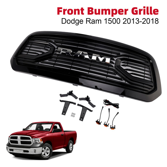 Dodge Ram 1500 2013-2018 Glossy Black Big Horn Grill Front Bumper Grill With LED