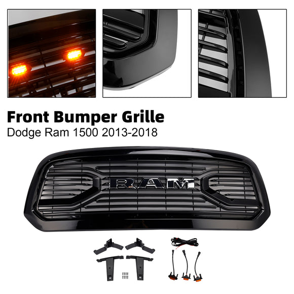 Dodge Ram 1500 2013-2018 Glossy Black Big Horn Grill Front Bumper Grill With LED