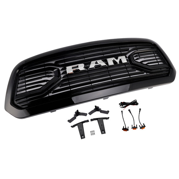 Dodge Ram 1500 2013-2018 Glossy Black Big Horn Grill Front Bumper Grill With LED