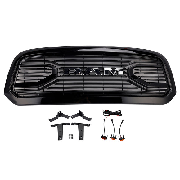 Dodge Ram 1500 2013-2018 Glossy Black Big Horn Grill Front Bumper Grill With LED
