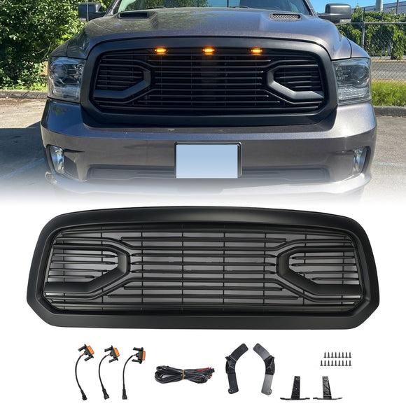 Black Big Horn Style Front Bumper Grill Grille Fit Dodge Ram 1500 2013-2018