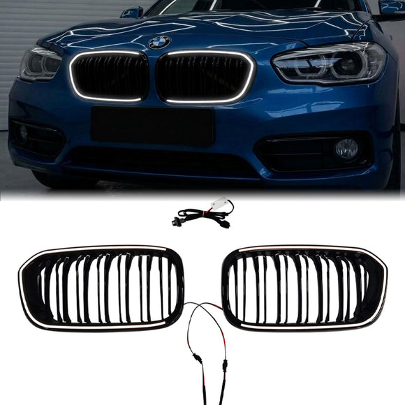 2015-2019 BMW 1 Series F20 F21 Double Line Front Kidney LED Grill Black Replacement Grille W/ C-Ring LED