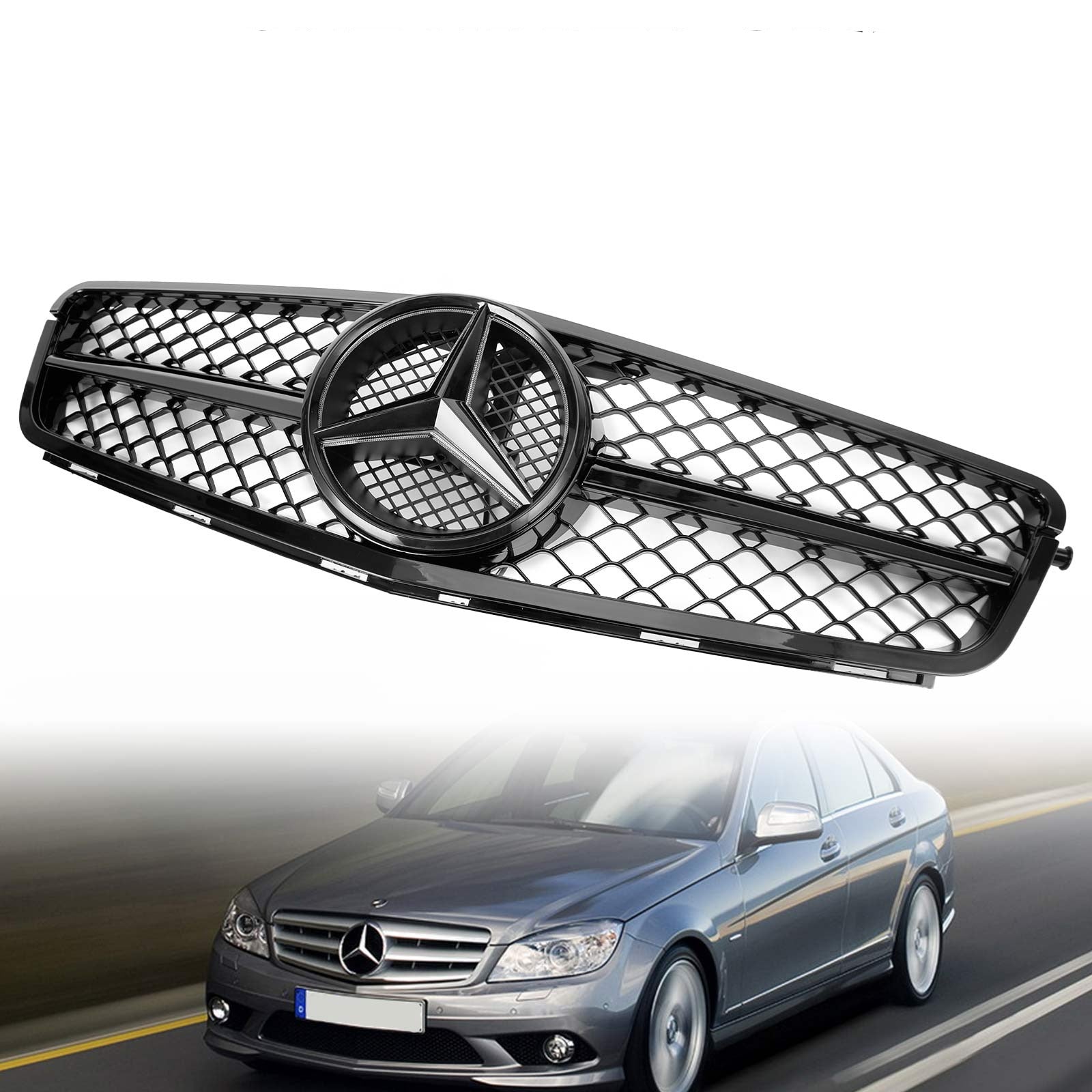 2008-2014 Mercedes Benz W204 C-Class C200 C250 C300 C350 Front Bumper Grill w/LED  AMG Style Grille