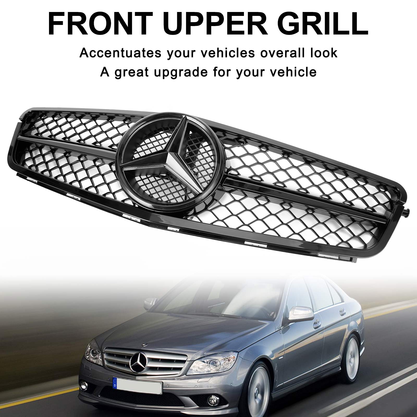 Grille avant style AMG pour Mercedes-Benz Classe C W204 2008-2014, remplacement de la grille avant avec emblème étoile LED.