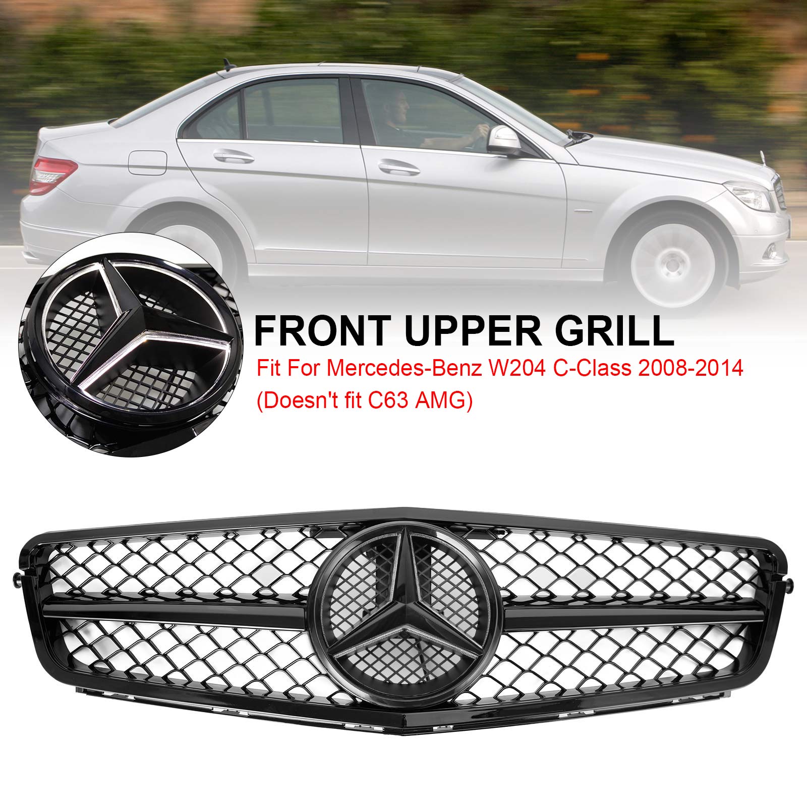 Mercedes Benz 2008-2014 C-Class W204 C250 C300 C350 Front Bumper Grill Black Replacment Grille