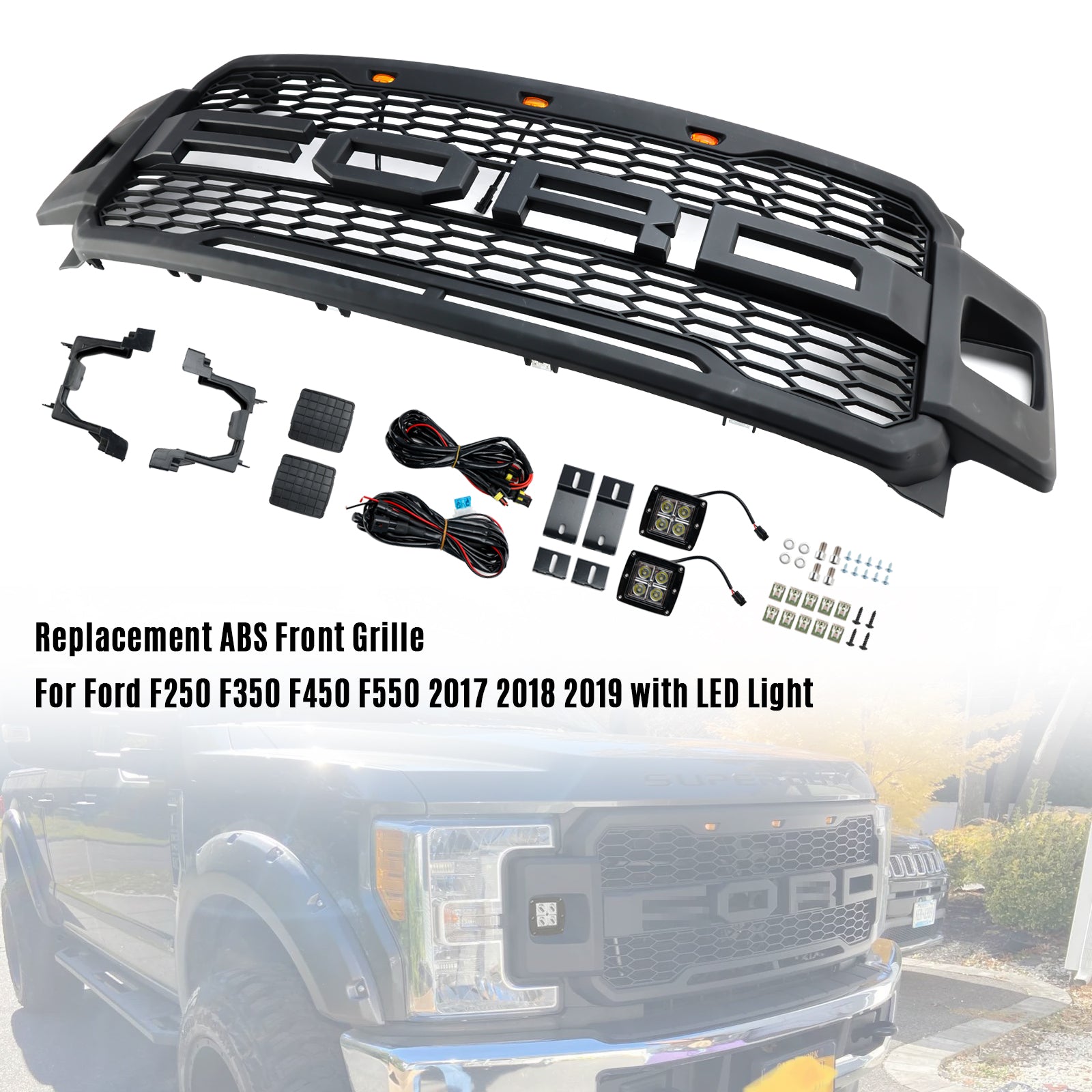 2017-2019 Ford F250 F350 F450 F550 Super Duty Raptor Style Front Bumper Grill Matte Black Grille