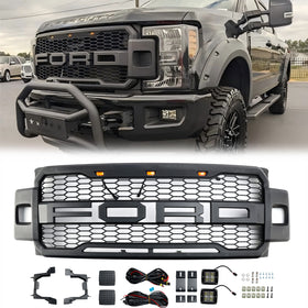 Ford F250 F350 F450 F550 | 2017-2019 | Raptor Style Front Grill| Matte Black | Upper Bumper Replacement Grille With LED + Letter