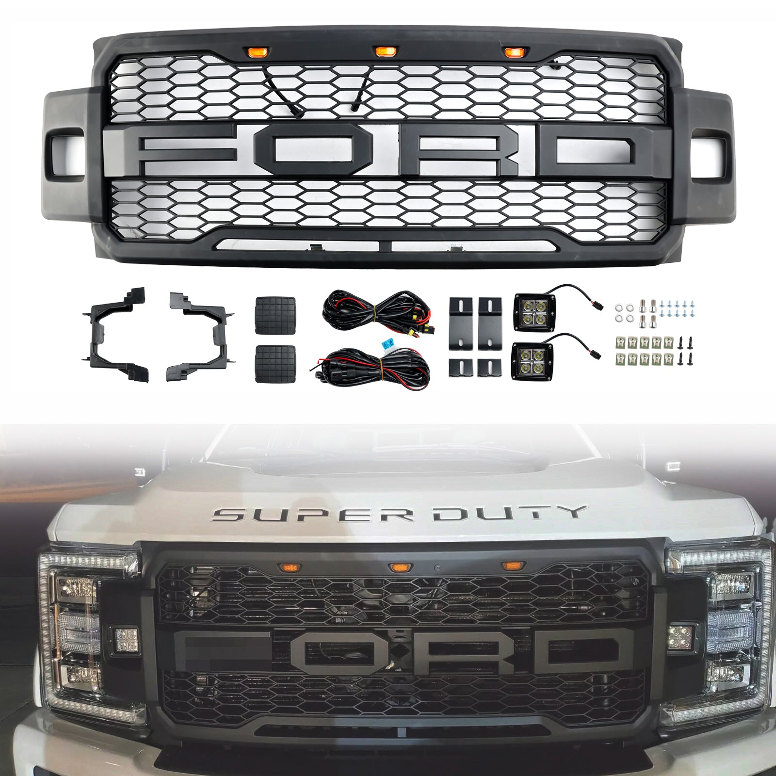 2017-2019 Ford F250 F350 F450 F550 Super Duty Raptor Style Front Bumper Grill Matte Black Grille