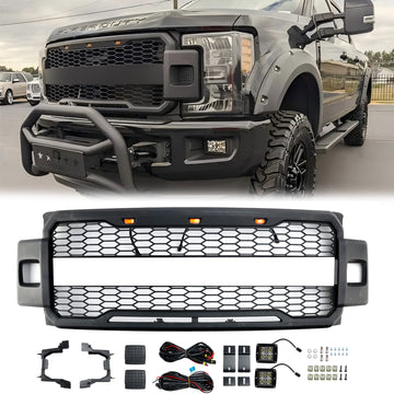 Ford F250 F350 F450 F550 | 2017-2019 | Parrilla frontal estilo Raptor| Negro mate | Rejilla De Repuesto Paragolpes Superior Con LED + Letra FORD