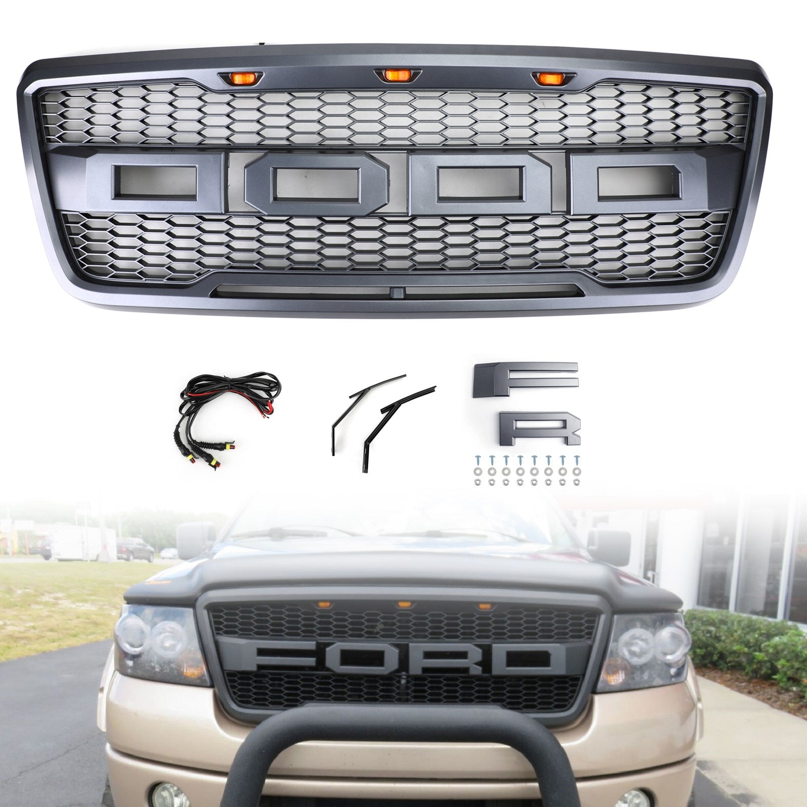 Calandre de capot avant en maille grise et noire de style Raptor avec LED pour Ford F150 XLT/Lariat/FX4/King Ranch 2004-2008