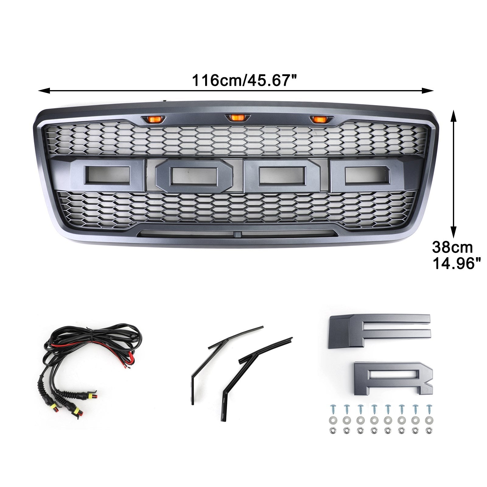 2004-2008 Ford F150 XLT/Lariat/FX4/King Ranch Front Mesh Hood Grill Gray Black Raptor Style Grille W/ LED - 0