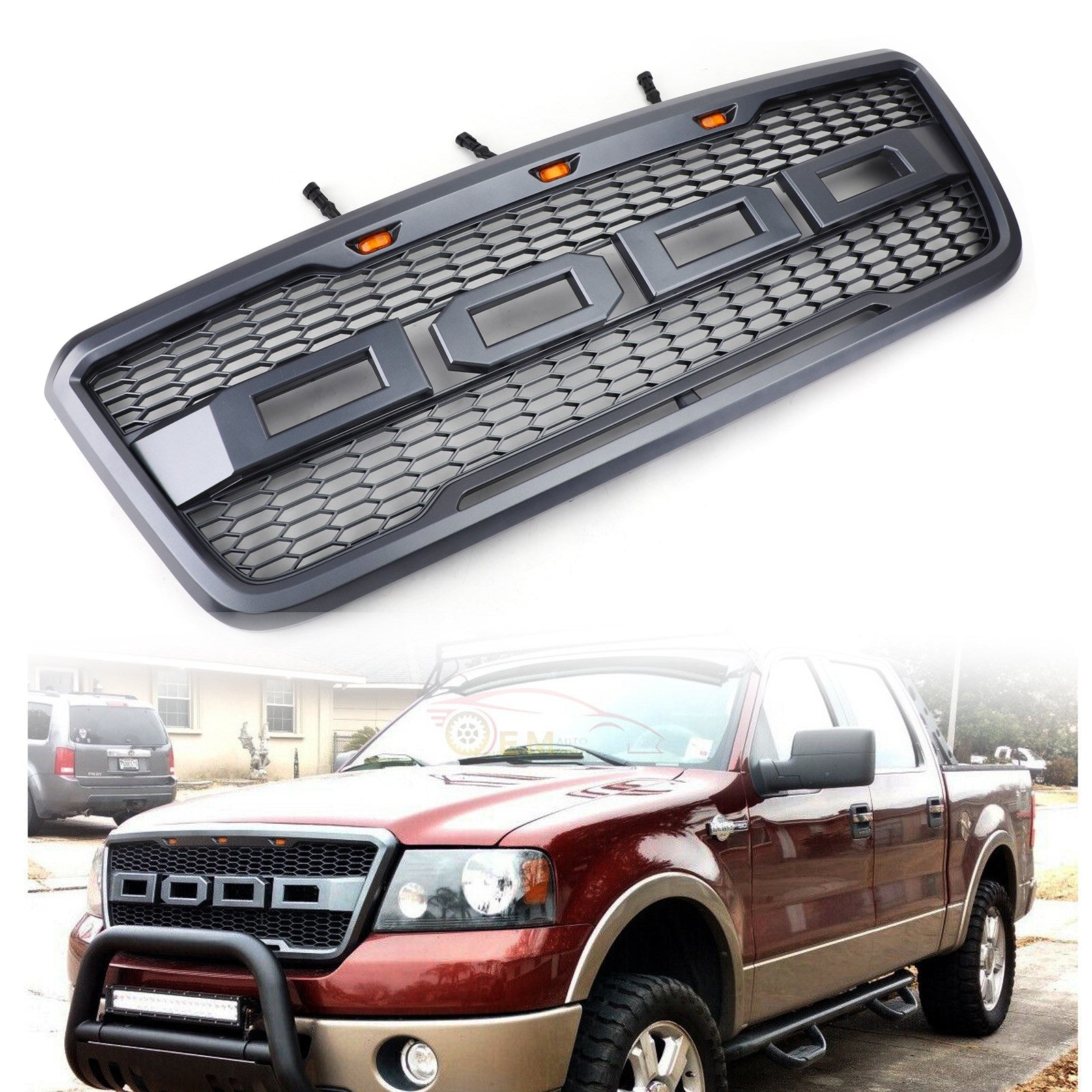 2004-2008 Ford F150 XLT/Lariat/FX4/King Ranch Front Mesh Hood Grill Gray Black Raptor Style Grille W/ LED