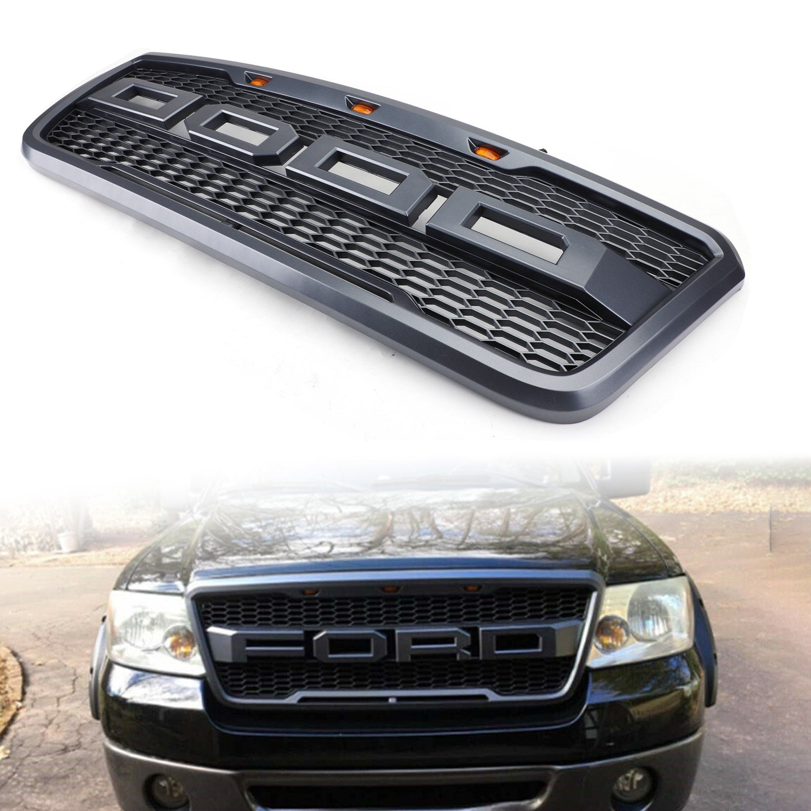 2004-2008 Ford F150 XLT/Lariat/FX4/King Ranch Front Mesh Hood Grill Gray Black Raptor Style Grille W/ LED