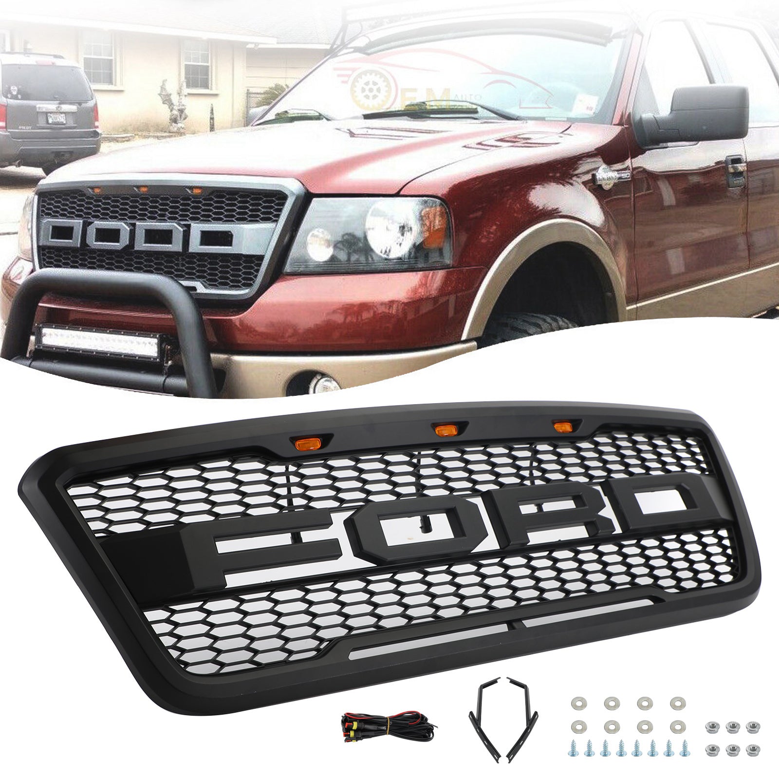 2004-2008 Ford F150 Raptor Front Grill Upper Bumber Honeycomb Black Grille With LED & Letter