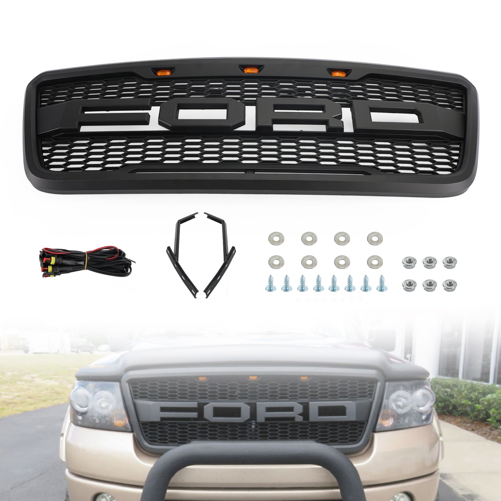 Parrilla delantera estilo Raptor para Ford F150 XLT/Lariat/FX4/King Ranch 2004-2008, color negro y gris, con LED