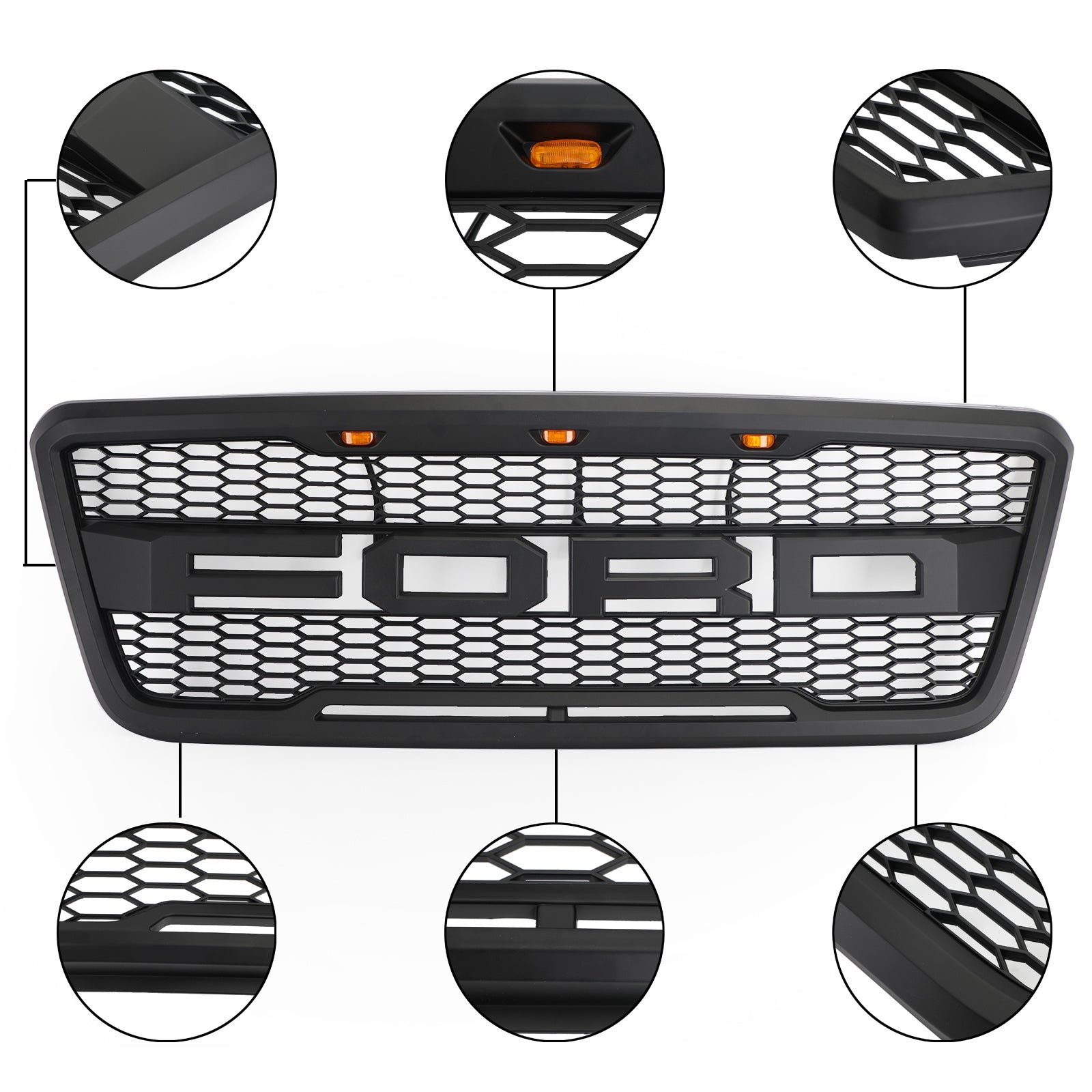 2004-2008 Ford F150 Raptor Front Grill Upper Bumber Honeycomb Black Grille With LED & Letter
