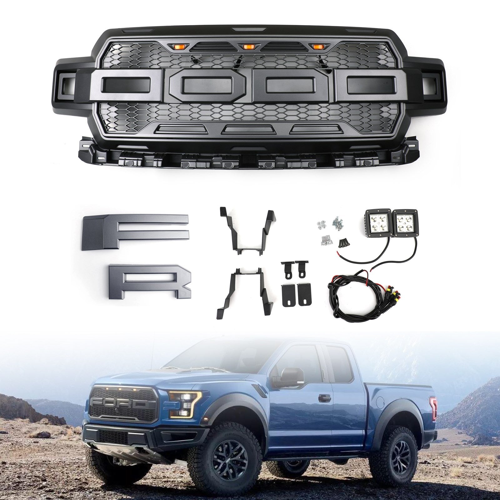 Grille de pare-chocs avant style Raptor Ford F150 XLT/Lariat/Platinum/King Ranch 2018-2020 Grille grise noire avec LED