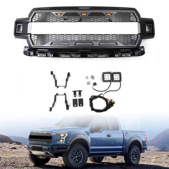 Raptor-Kühlergrill für Ford F150 2018–2020, Ersatz für Frontstoßstange, schwarzer Kühlergrill mit LED, FORD-Buchstabe